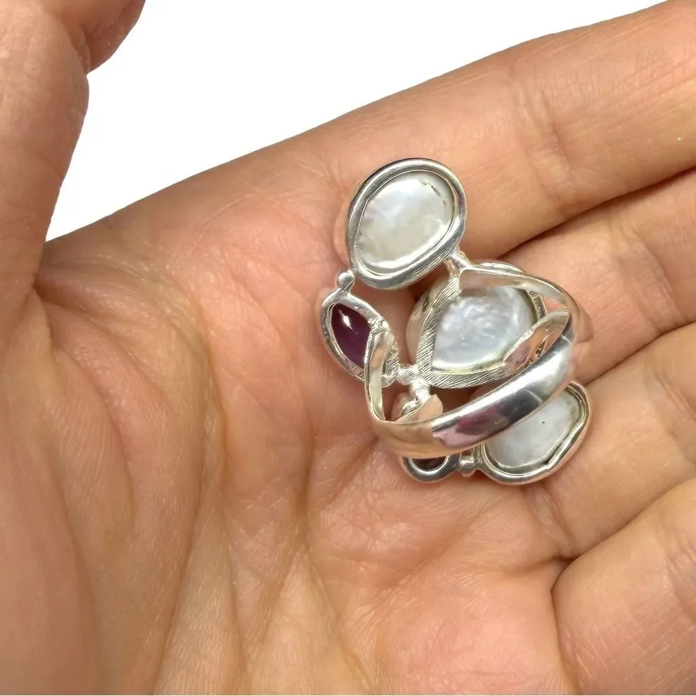 Genuine Pearl Amethyst Ring Size 8 Solid 925 Sterling Silver